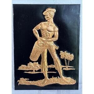 Vintage Copper Wall Plaque Man with Drum Tropical Scene 8x6 Inch